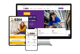 Ein Bild zeigt die Website der BKK SBH auf verschiedenen Geräten – einem PC, Tablet und Smartphone.